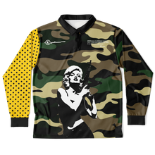Load image into Gallery viewer, Lady Gunplay (LongSleeve Polo Shirt) Camo/Yellow & Black Polka Dot