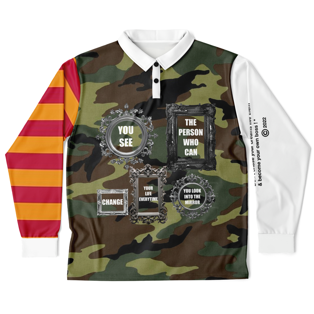Look In The Mirror (LongSleeve Polo Shirt) Camo/Red/Orange/White