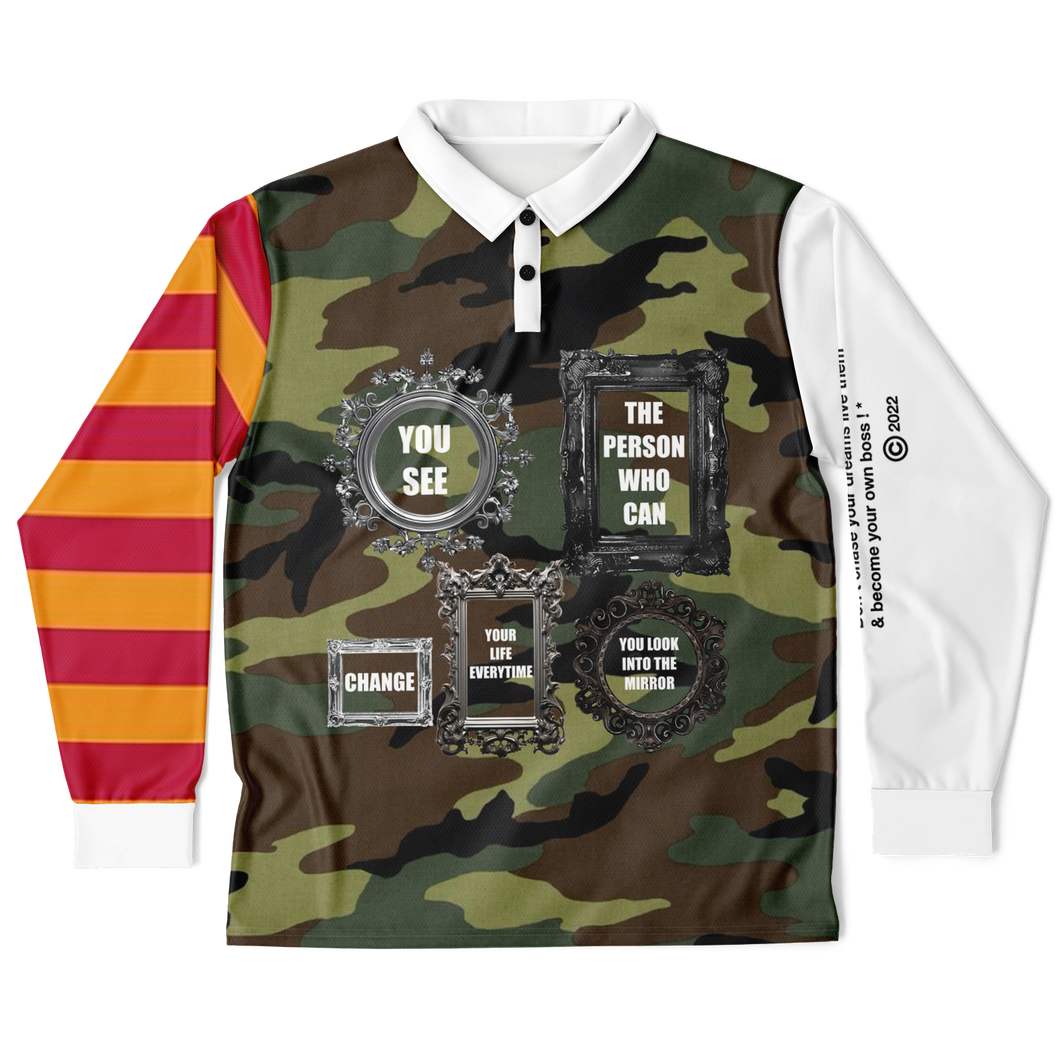 Look In The Mirror (LongSleeve Polo Shirt) Camo/Red/Orange/White